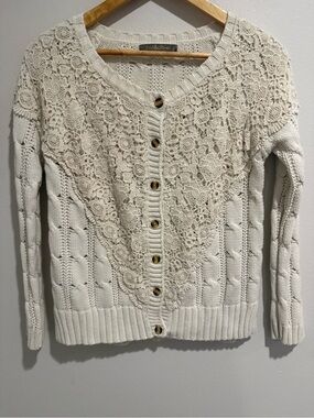Finn & Clover Cable Knit Crochet Lace Cardigan Cream Size S Vintage Classic